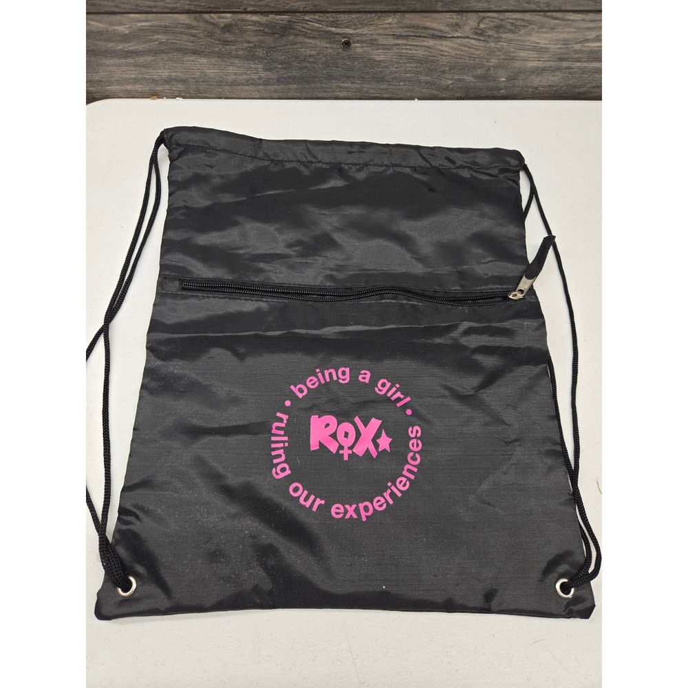 ROX Ruling Our Experiences Drawstring Cinch Bag Black Pink Graphic Zipper Pocket